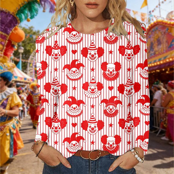 Striped Clown Print Casual Long Sleeve Crewneck T Shirt Soft Blended Top For Everyday Wear