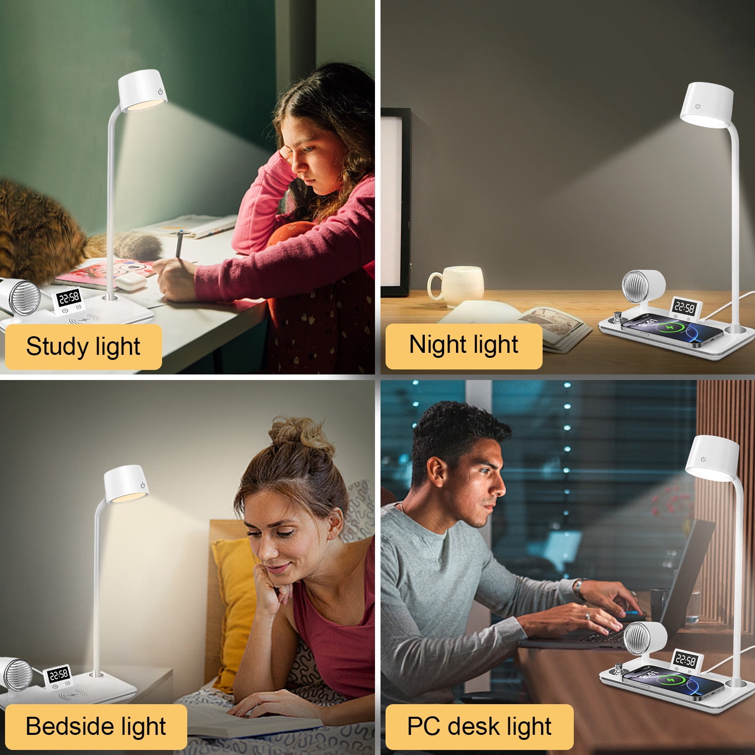 LED Desk Lamp, 4 in 1 Multifunction Table Lamp with Wireless Charger, Bluetooth Speaker Digital Clock, 360° Adjustable Gooseneck Arm with 3 Color Modes Dimmable Lamp for Home Office Bedroom, White