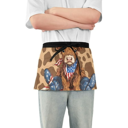 

Cowboy American Flag Cow Waist Apron Adjustable Server Half Apron Kitchen Cooking with 3 Pockets for Men Women