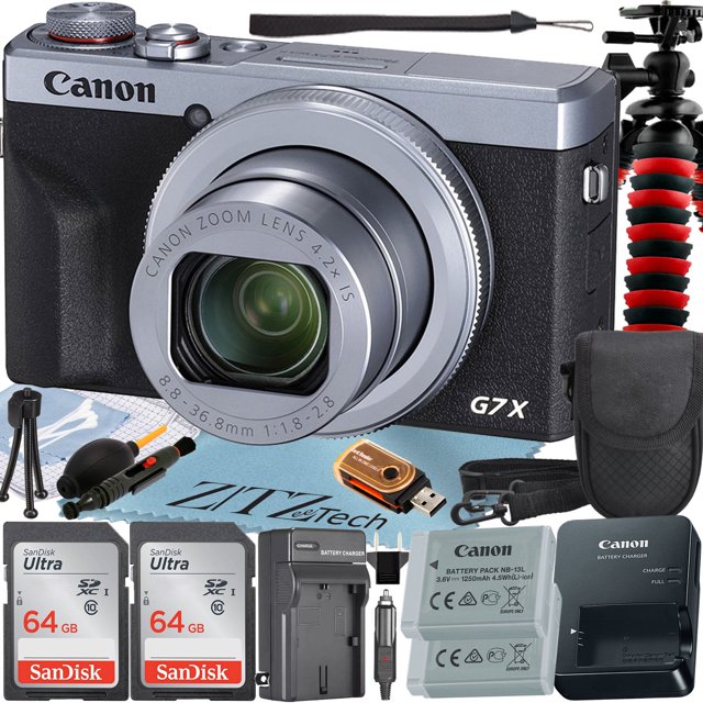 Canon PowerShot G7 X Mark III Digital Camera in silver featuring a 4.2x optical zoom lens, 20.1MP 1-inch CMOS sensor, DIGIC 8 processor, and UHD 4K video recording. This point-and-shoot camera bundle includes two SanDisk 64GB memory cards, a camera case, a spider tripod, extra batteries, chargers, a cleaning kit, and professional accessories.