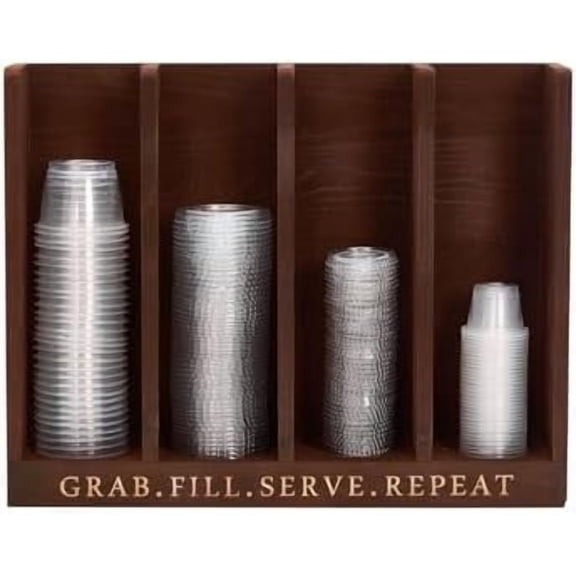 Portion Cup and Lid Holder Wood Brown Deli Container Organizer for Kitchen Restaurant-4 Slots for 2oz-5.5oz Sauce Cups