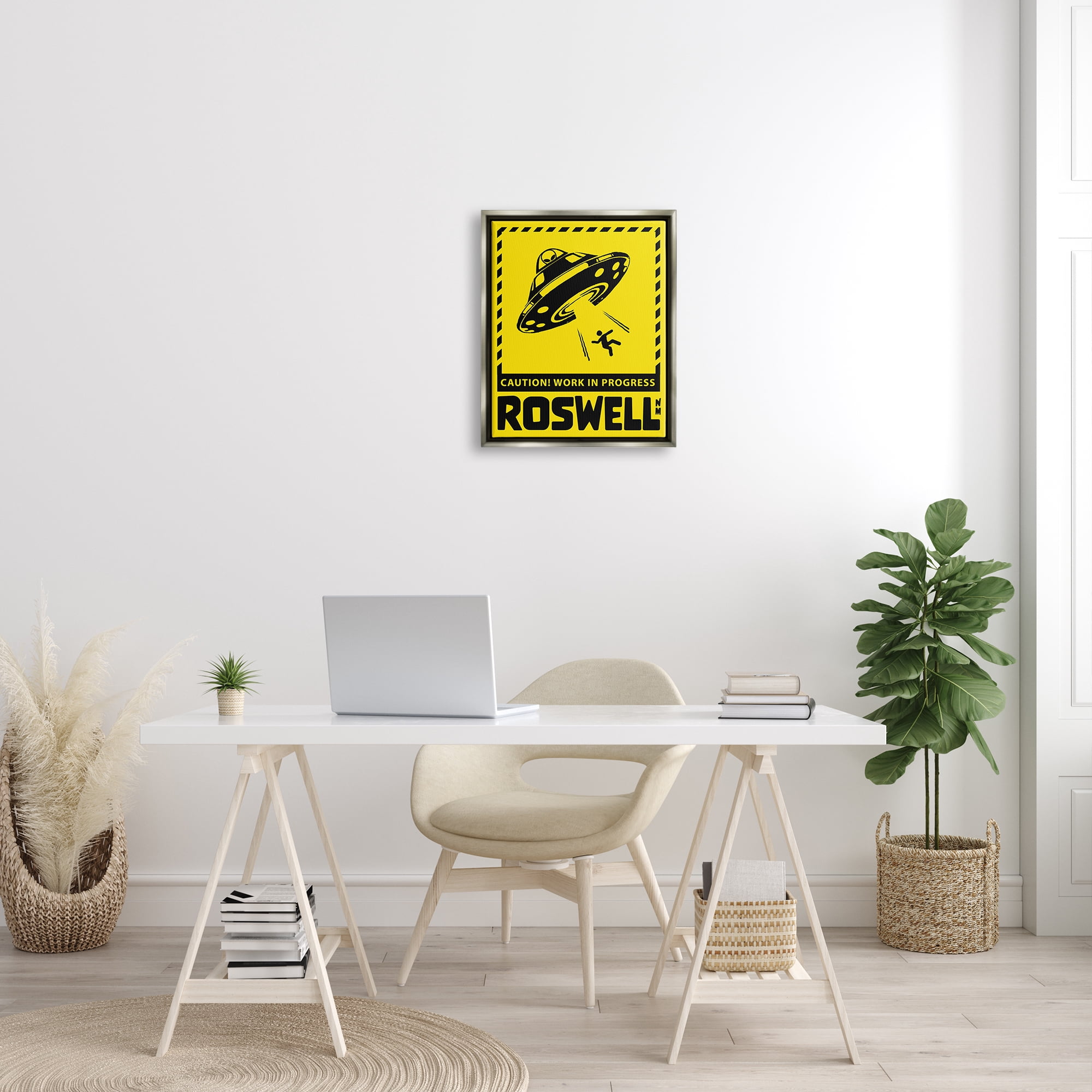 Stupell Industries Caution Roswell NM Alien UFO Travel & Places Painting Gray Floater Framed Art Print Wall Art
