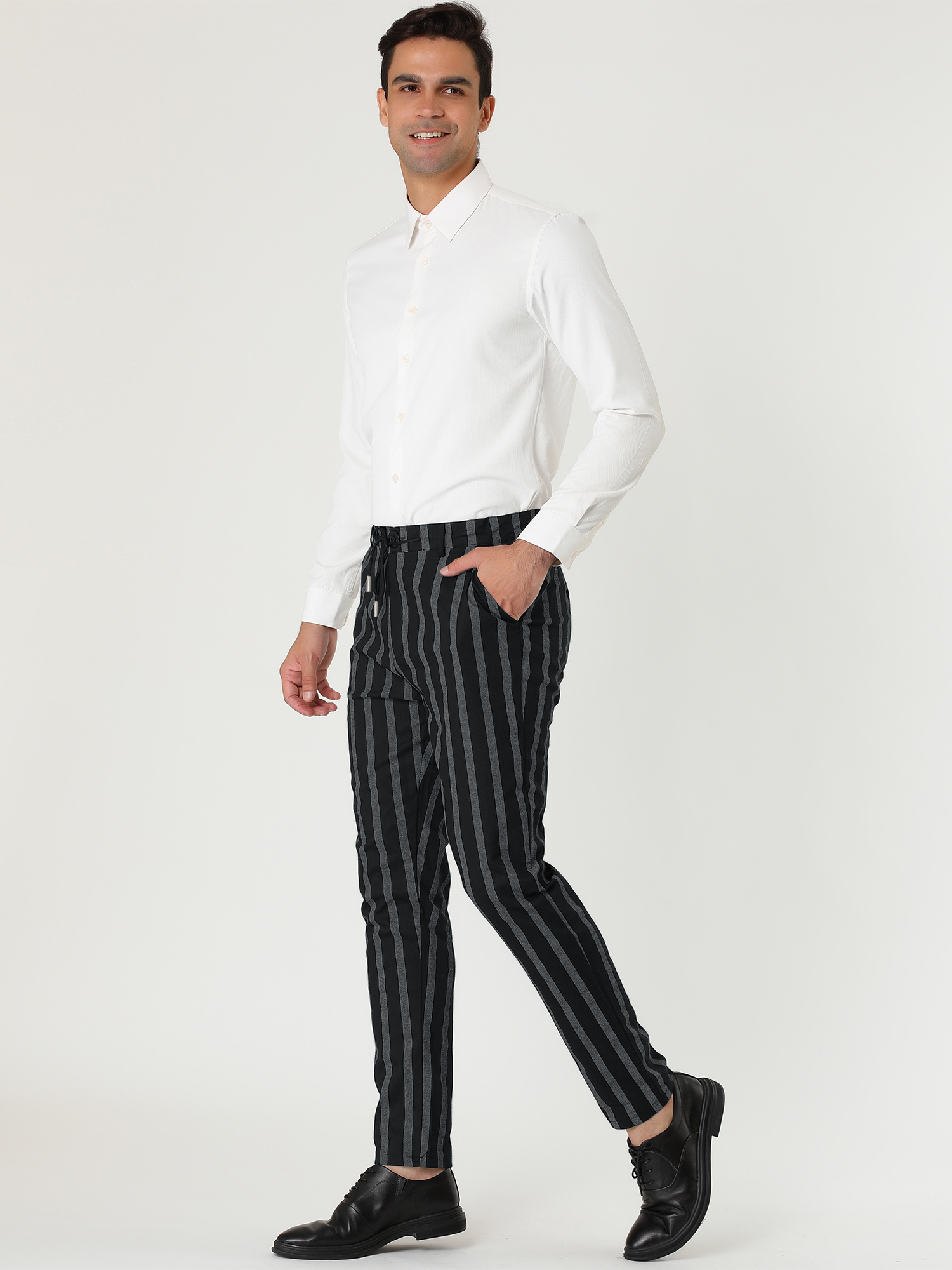 Unique Bargains Men's Casual Striped Dress Pants Slim Fit Contrast Color Suit Trousers 38 Black