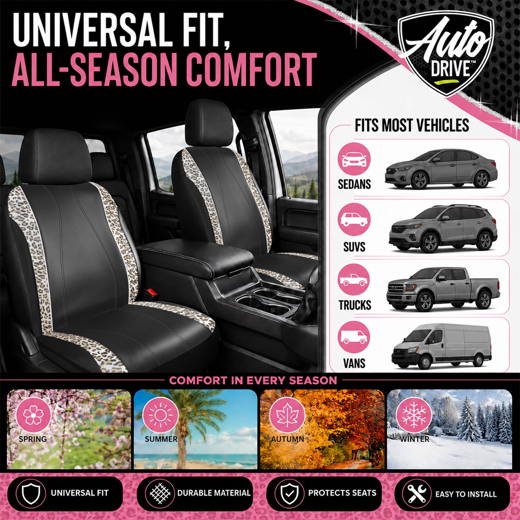 Auto Drive Car Seat Covers , Fashion Seat Covers,Leopard Print & Rhinestone Trim Front Seat Covers, Universal Fit, Airbag Compatible for Cars, SUVs and Trucks,Brown