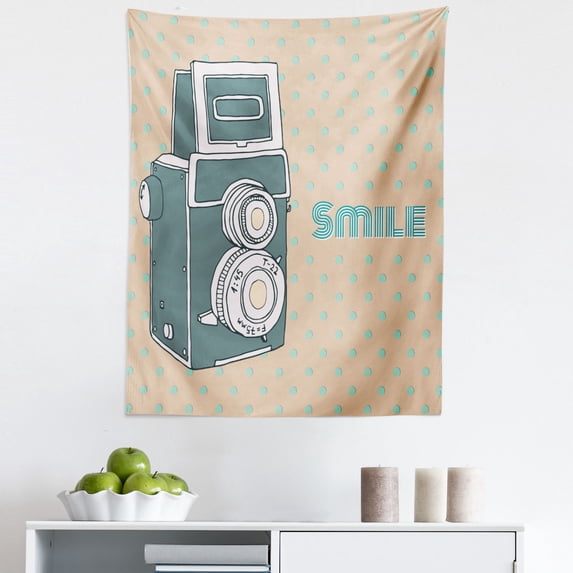 Camera Tapestry, Nostalgic Smile Calligraphy on Polka Dots Film Movie Hippie Theme, Fabric Wall Hanging Decor for Bedroom Living Room Dorm, 5 Sizes, Peach Slate Blue, by Ambesonne