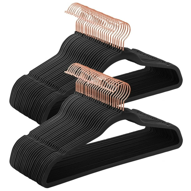Juego de 50 Perchas de Terciopelo, 41.5 cm de Largo, con Ganchos Giratorios de 360°, para Camisas de Abrigo Completas, Negro