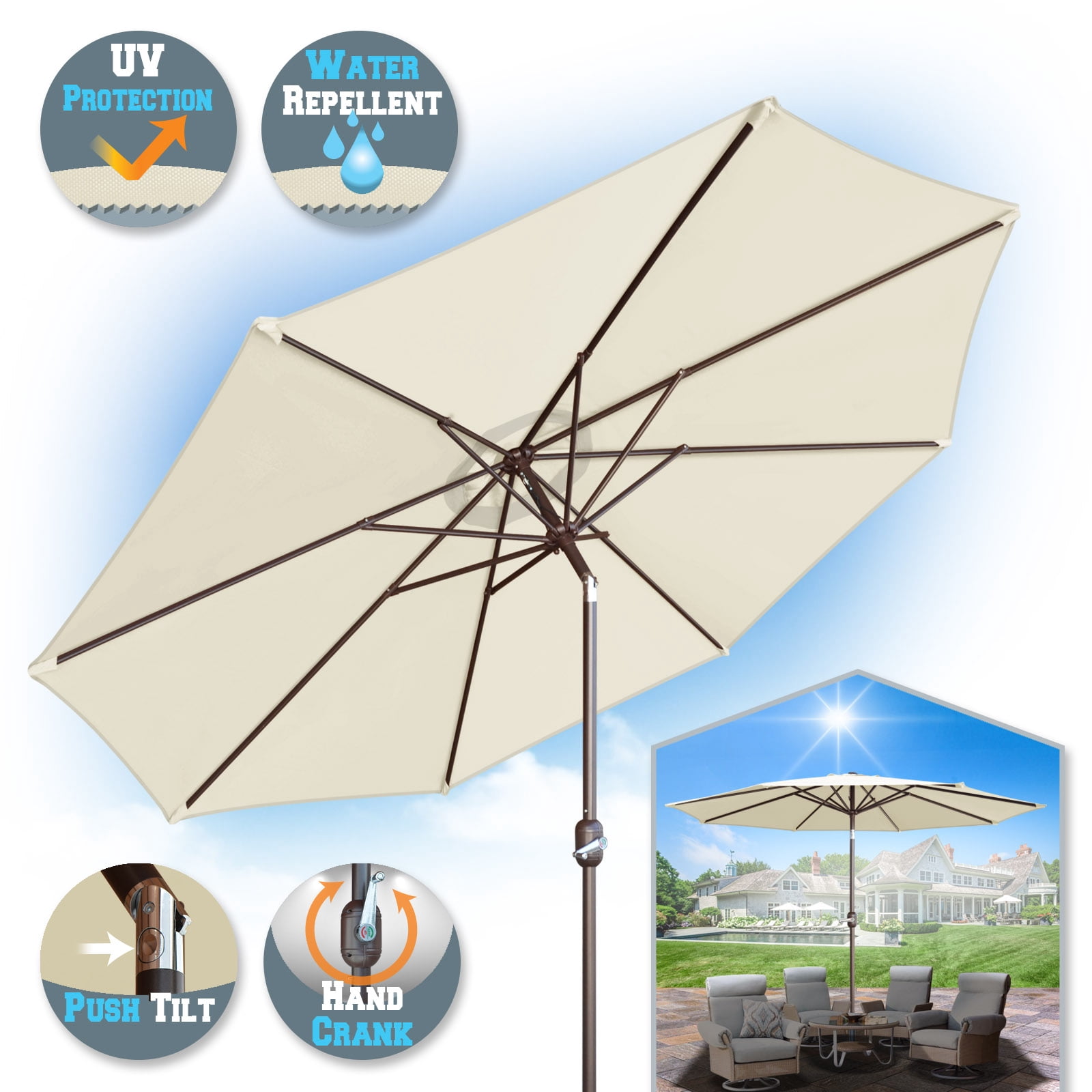 Sunrise Outdoor 10' Patio Umbrella 8 ribs with Tilt and Crank Garden Parasol Market Sunshade Umbrella (Ecru)