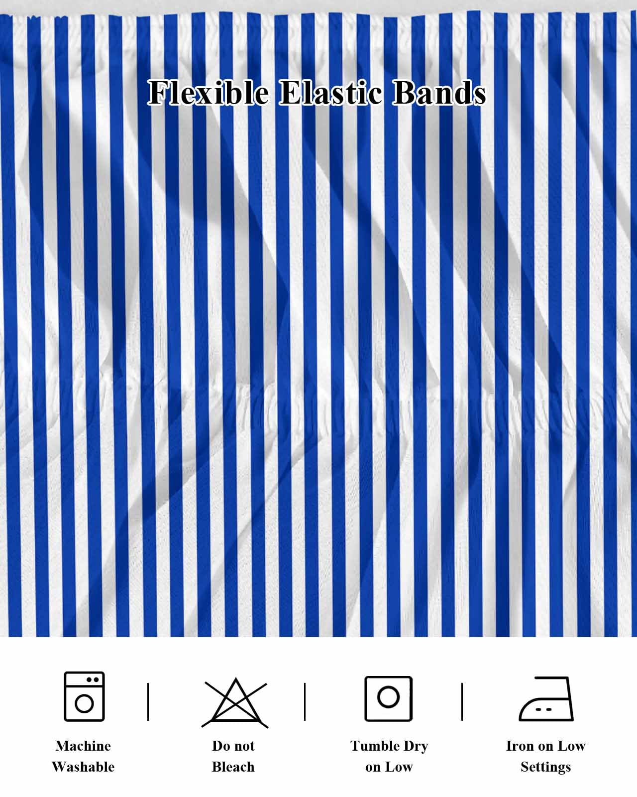 Navy Blue Stripe Wrap Around Bed Skirts for Queen Bed 16" Drop,Bed Skirt with Adjustable Elastic Belt Dust Ruffle Bed Valance for Bedroom Hotel Modern White Vertical Striped Geometric Bed Frame Cover