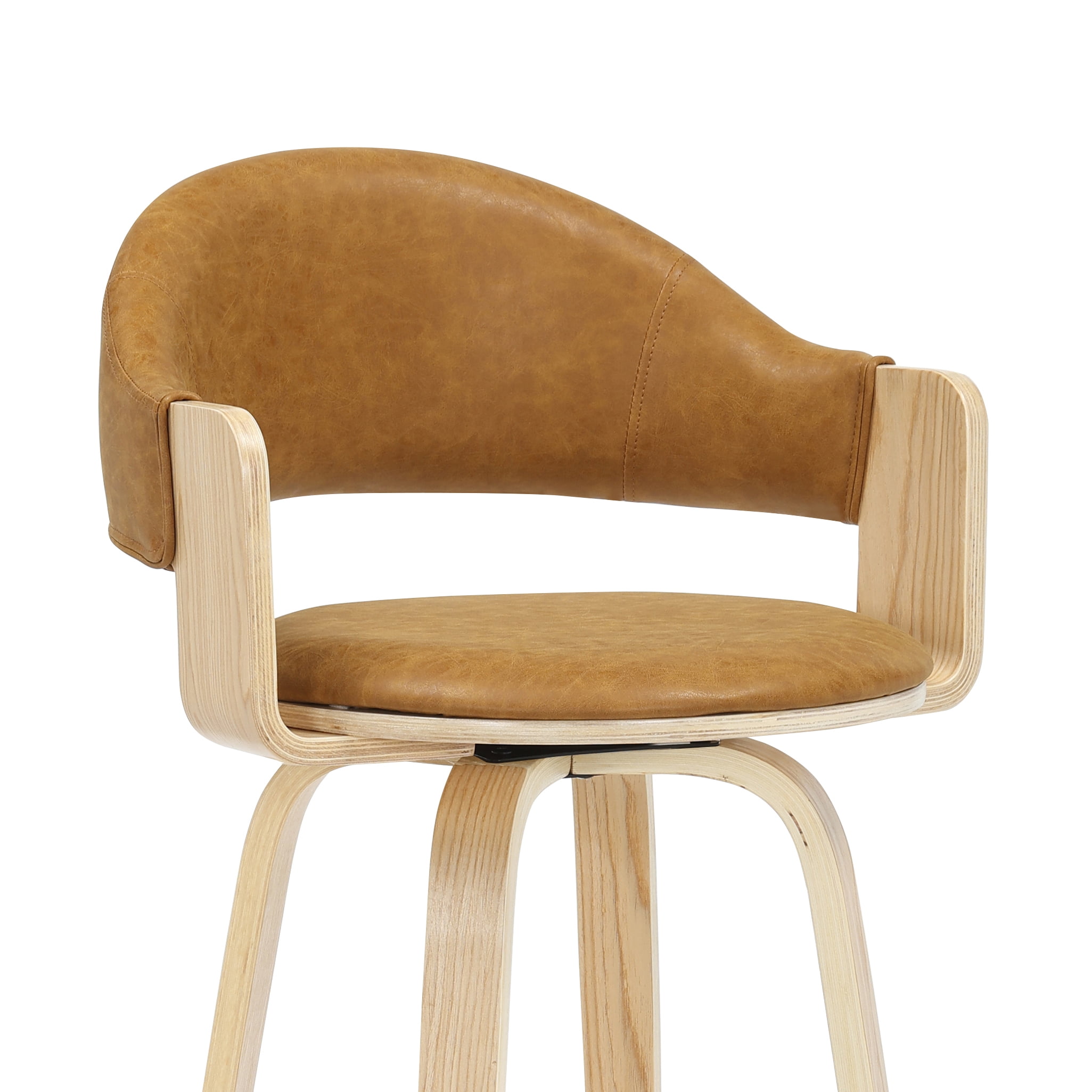 Daxton 40 in. H Swivel Bar Height Camel Round Back Wood Bar Stool with Faux Leather Seat Set of 3