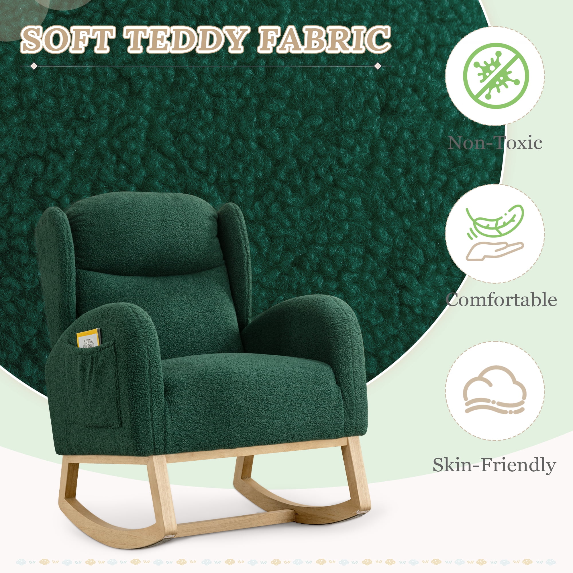 Muumblus Nursery Rocking Chair, Wingback Glider Rocker, Indoor Uphlostered Rocking Chair, Green Teddy