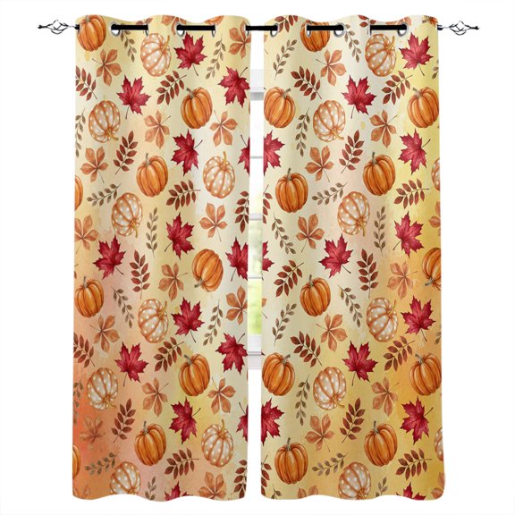 Orange Pumpinks Blackout Curtains for Bedroom Living Room, Fall Rustic Polka Dot Pumpink Red Leaf Yellow 45 In Long Thermal Insulated Room Darkening Drapes Grommet Window Treatments, 42 x 45 In