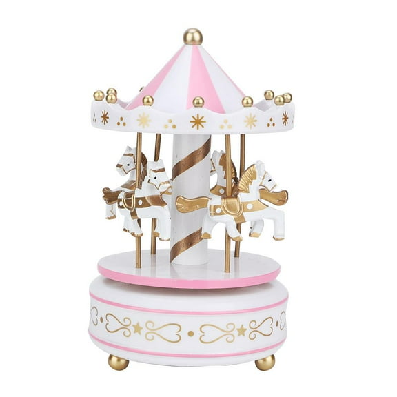 Wooden Carousel Music Box Children Toy Valentines Day Birthday Gift Home Decor (White Pink)