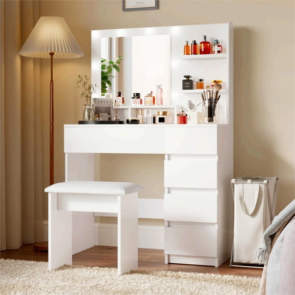 Jopath Makeup Vanity Desk Set with Mirror & Light,Dressing Table Storage with 3 Lighting Modes for Bedroom,Living room,White
