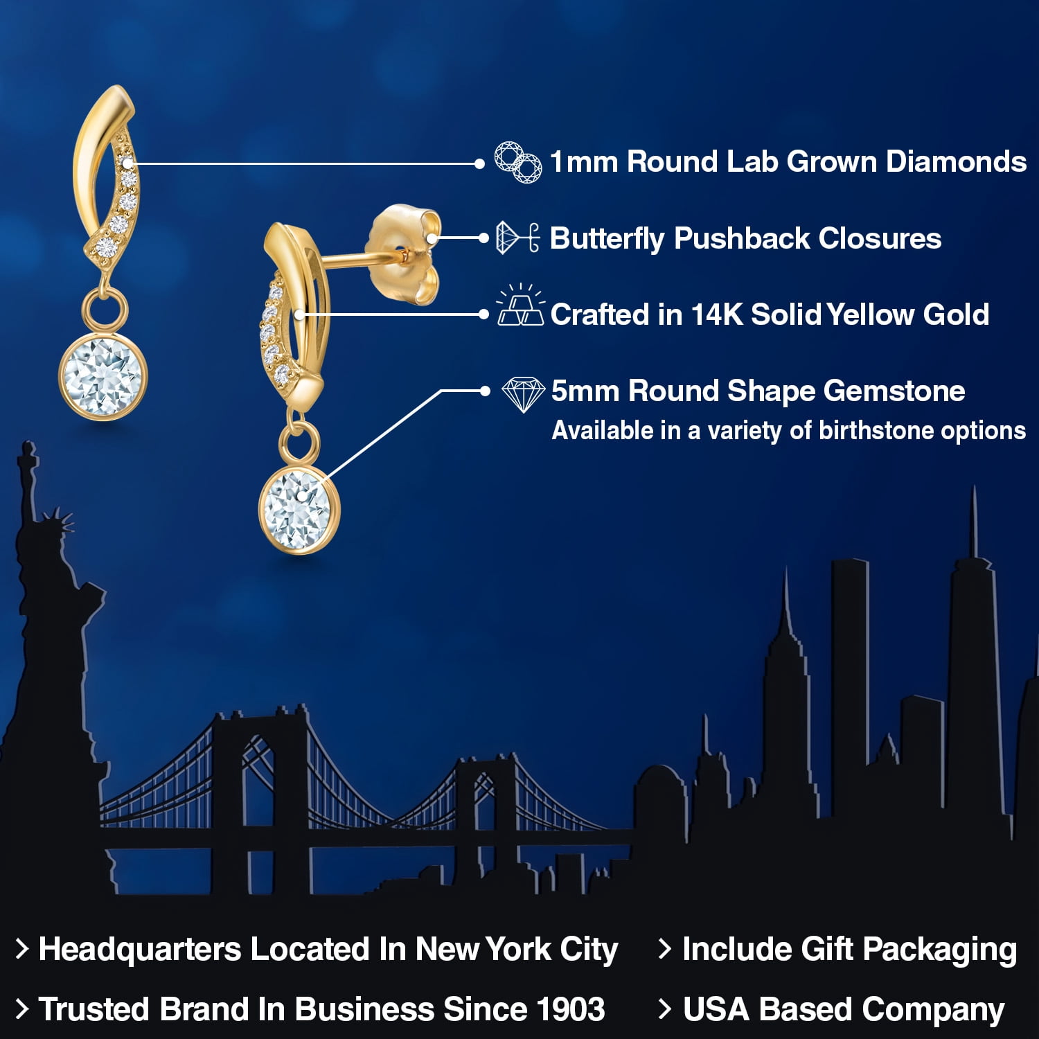 Gem Stone King 14K Yellow Gold Sky Blue Aquamarine and Lab Grown Diamond Earrings for Women | 1.05 Cttw | Gemstone March Birthstone | Round 5MM