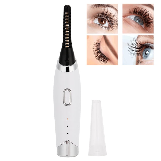 rizadora de pestañas Anggrek transparente, herramienta eléctrica convexa con calefacción en 10 segundos y 3 engranajes ajustables; vista frontal tipo cepillo con punta negra, cuerpo blanco con botón y tres LEDs, tapa translúcida y cable USB incluidos; a menudo usada para rizar y dar forma a las pestañas, también adecuada para retoques de viaje.