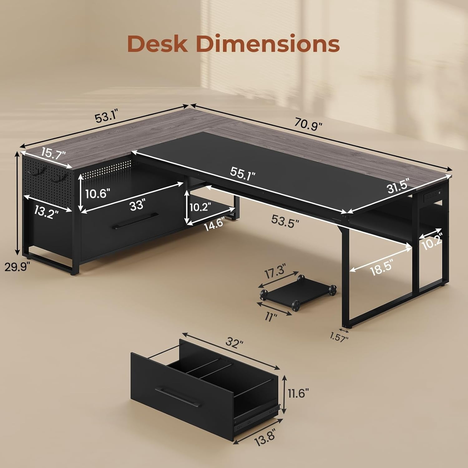 71" L Shaped Executive Desk, Large Office Desk with Widen File Drawers and Power Outlets, Reversible Computer Desk Corner Desk with Storage Shelves, Gray