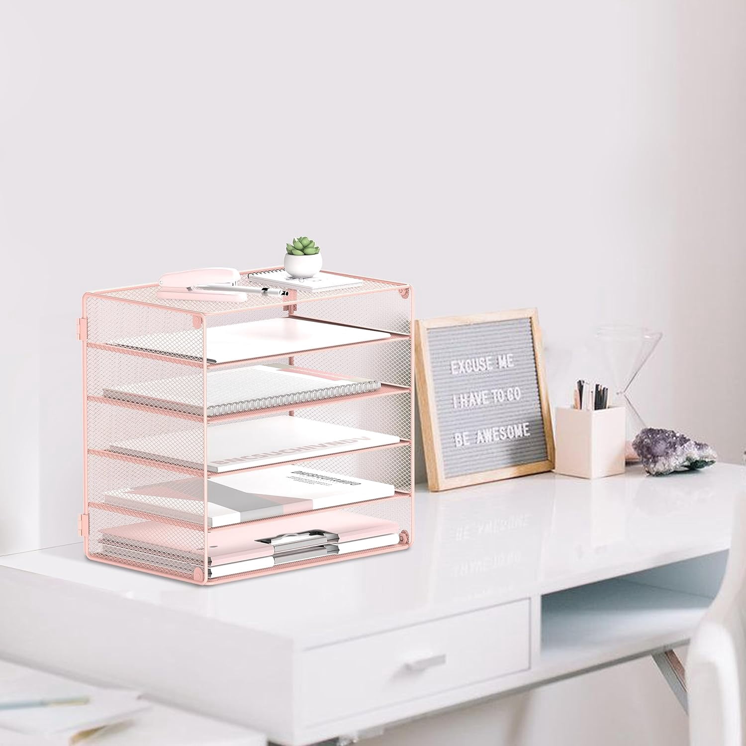 INTIGE 5 Tier Desktop Organizer Tray, Desk Paper Organizer, Storage Solutions for Home Office, Pink, 1 Pack