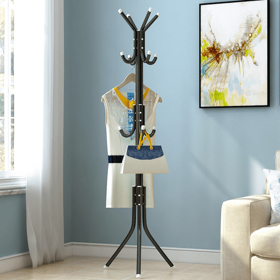 Freestanding Coat Rack with 12 Hooks, Metal Hall Tree Coat Stand for Entryway, Hat Jacket Purse Organizer Rack, Space Saving Clothes Tree