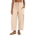 thumbnail image 2 of Linen Barrel Pants Women Drawstring High Waisted Wide Leg Trousers Summer Lounge Pants with Pockets Boho Beach Pant, L, 2 of 8