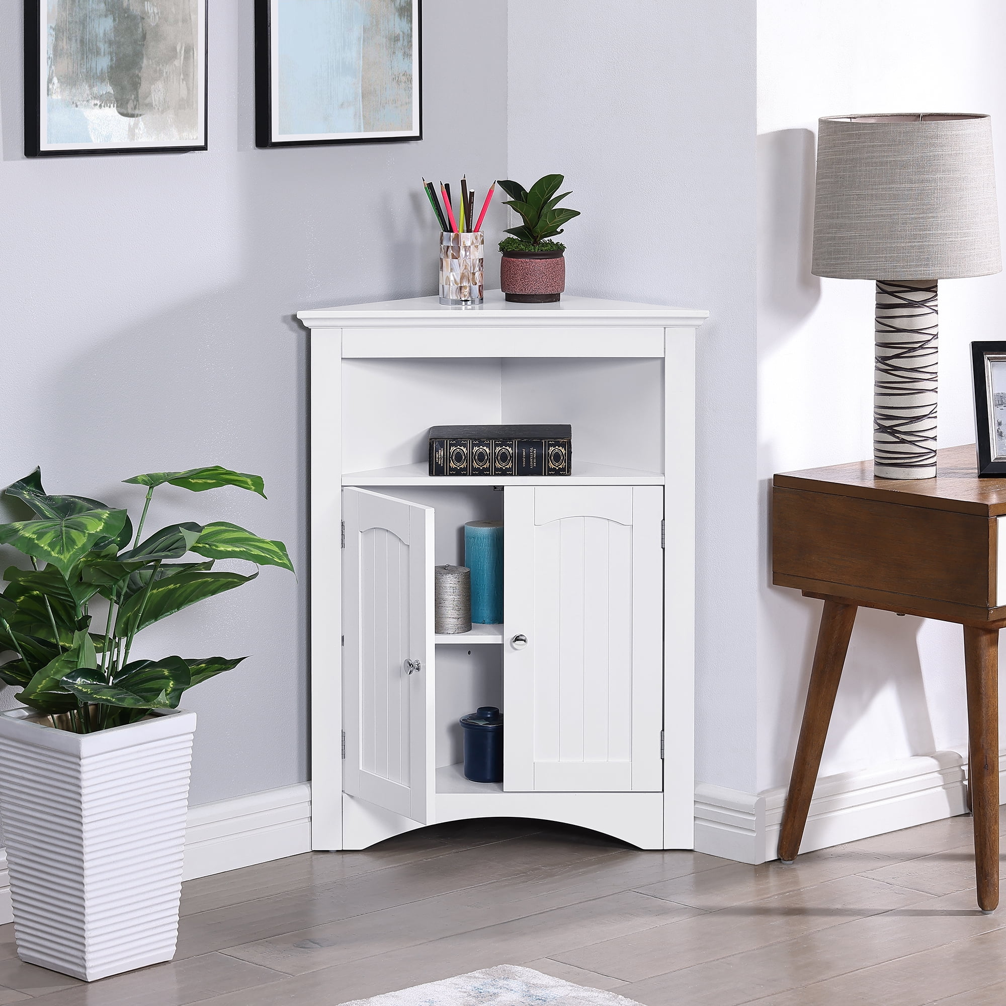 Small Corner Cabinet, Wood Corner Storage Organizer with 2 Doors, Adjustable Shelves, Open Storage, Pantry Cabinet for Living Room, Kitchen, Bathroom