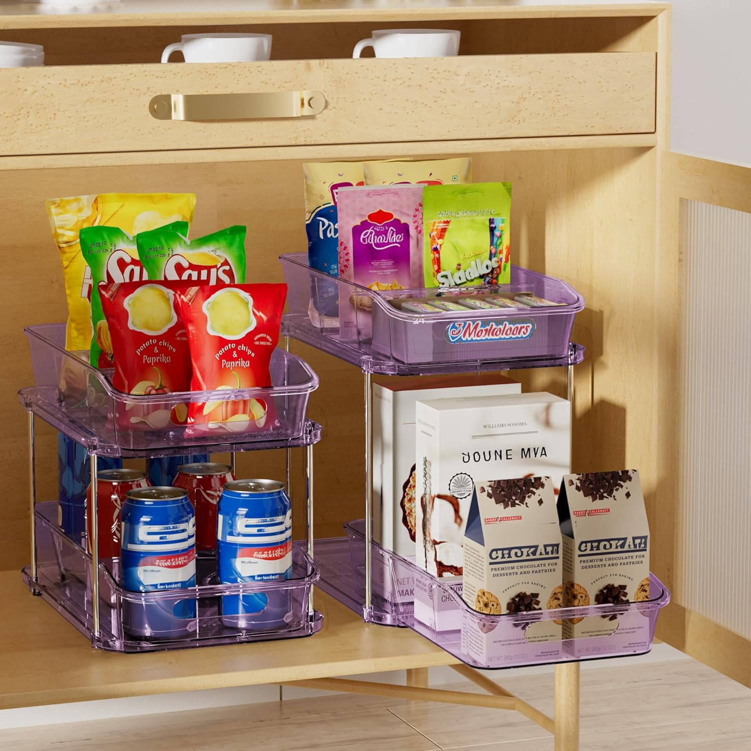 2-Tier Under Sink Organizers and Storage, Multi-Purpose Stackable Bathroom Cabinet organizers, Pull Out Kitchen Pantry Organization and Storage with Dividers(2 Pack, Purple)