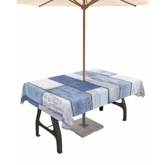 Outdoor Tablecloth with Umbrella Hole for Patio/Picnic/Party/Camping, Blue Beige Wooden Waterproof Table Cloth Rectangle Table Cover Washable, Farmhouse Vintage Country Striped 52"x 70"