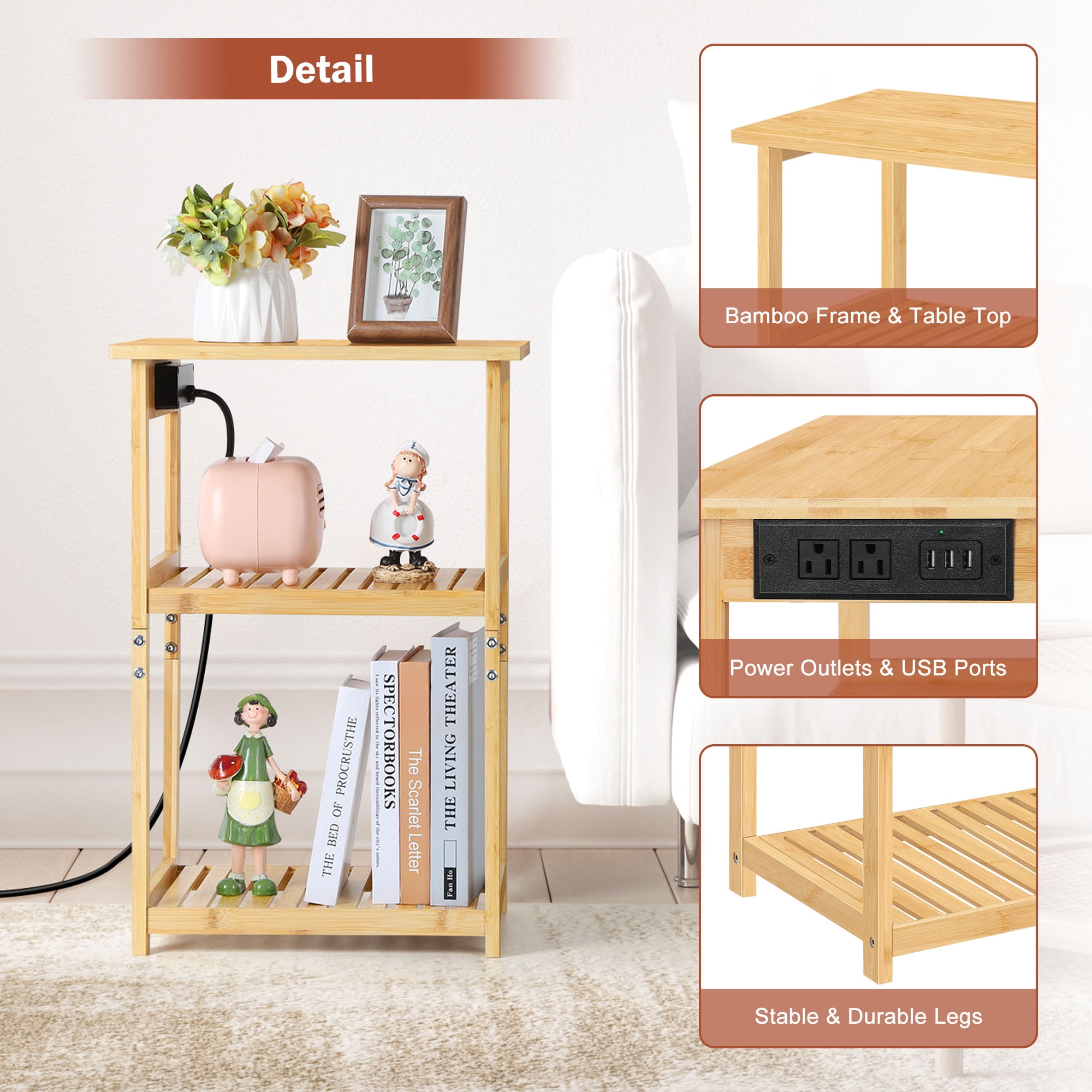 2 pack End Table with Charging Station and USB Ports 3-Tier Side Table black