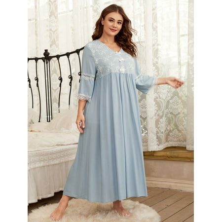 

Baby Blue Royal Women s Plus Lace Trim Bow Front Sleep Dress 1XL(14) Y22001D