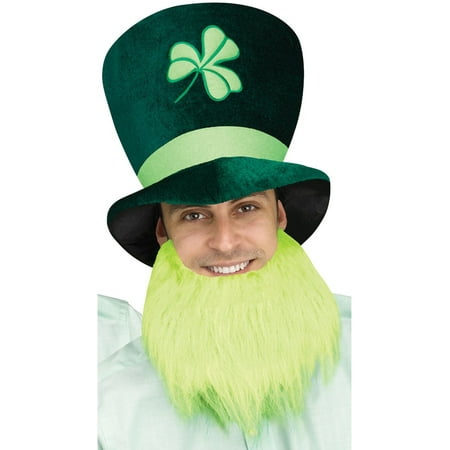 Adults St. Patrick's Day Leprechaun Tall Hat With Light Green Beard Accessory