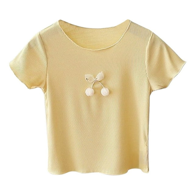 PEASKJP Tee Chemises pour Filles Manches Courtes à Volants Coton Décontracté Graphique Été Col Rond Tunique, Jaune 100