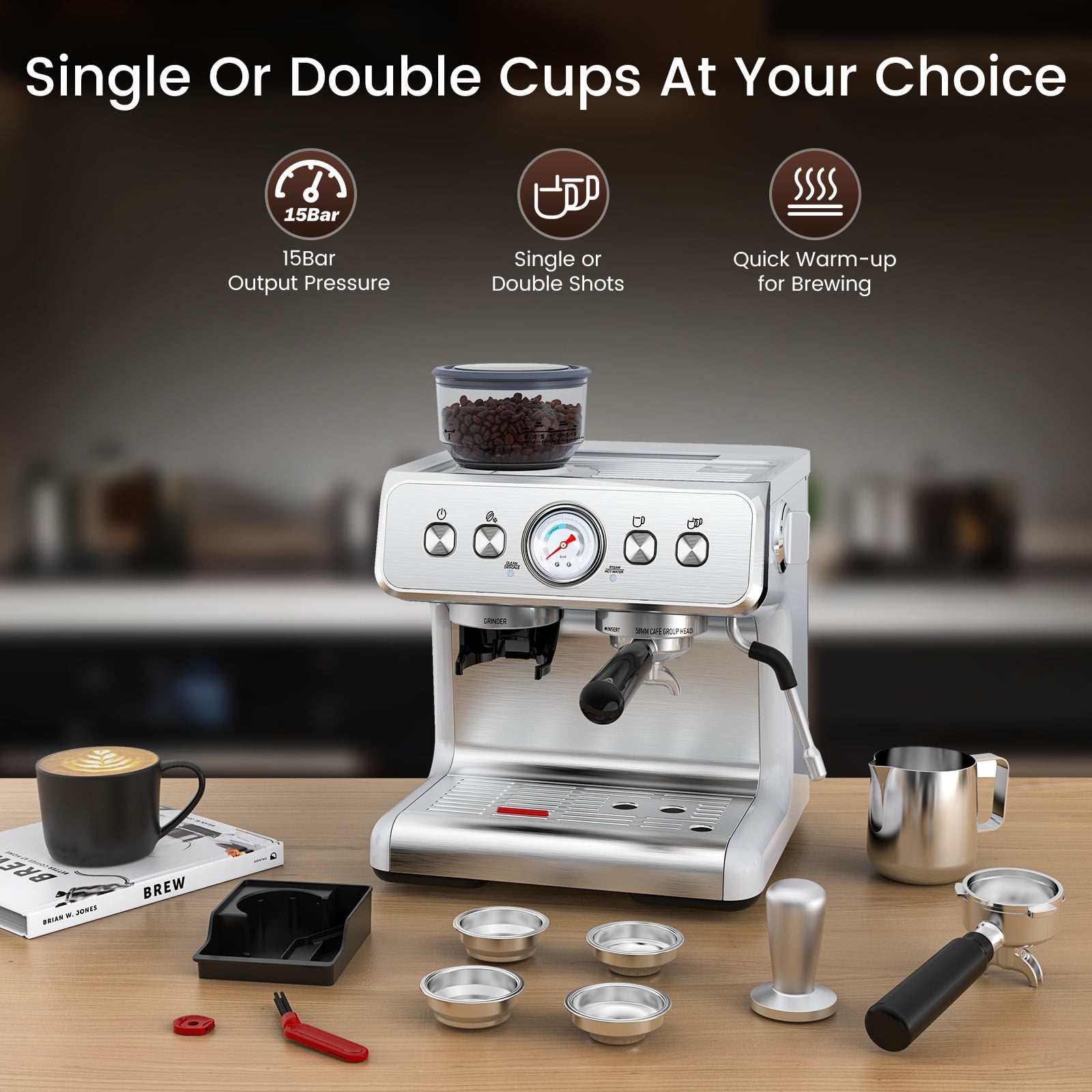 Espresso Machine,15 Bar Professional Espresso Maker with Coffee Bean Grinder Milk Frother,Coffee Machine for Espresso/Cappuccino/Latte,Single & Double Cup,Stainless Steel