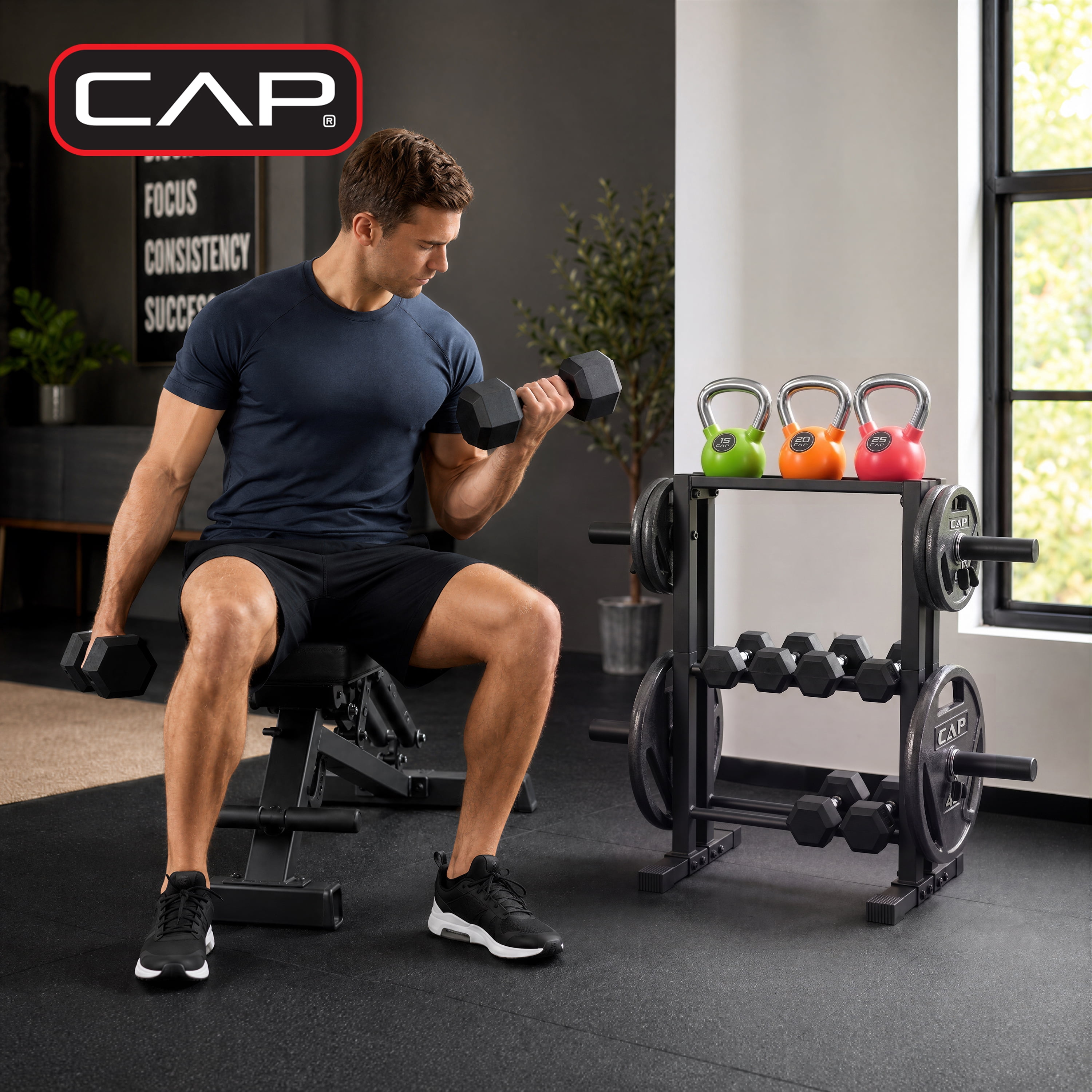 CAP 3-Tier Multi-Use Storage Rack, Dumbbell, Kettlebell & Olympic Weight Plate Organizer for Home Gym