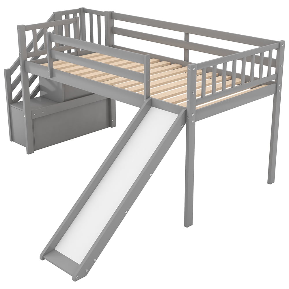 Kadyn Twin Mood Loft Bed with Adjustable Slide, Multifunctional Design, Gray
