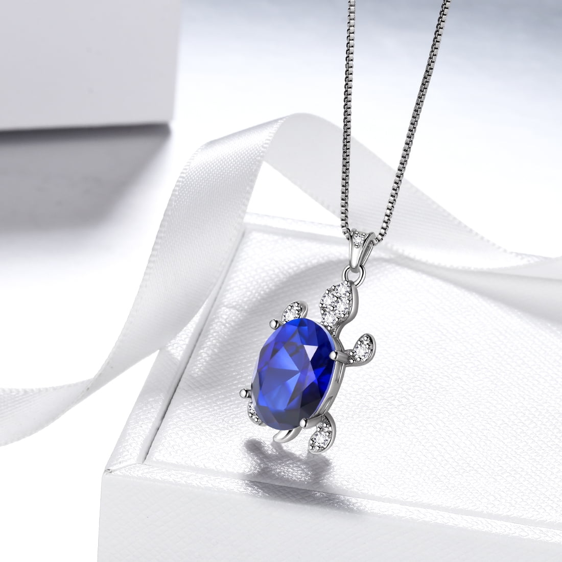 Juwaliy Turtle Necklace Sapphire September Birthstone Charm 925 Sterling Silver Blue Crystal Pendant Jewelry Women Daughter Wife Mother Christmas Birthday Gifts