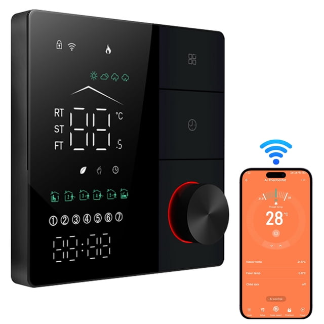 Mistaha Smart WiFi Thermostat for Floor Heating System - Intelligent Learning, Remote Control, Energy Saving - Large Touchscreen, Adjustable Knob - Programmable Thermostat - Black