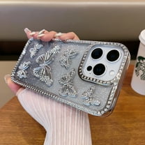 Compatible for iPhone 14 Pro Case, with Luxury Glitter Plating Cute Butterfly Rhinestone Sparkly Design Aesthetic Women Girls Shiny Bling Camera Protective Cover for iPhone 14 Pro - Silver