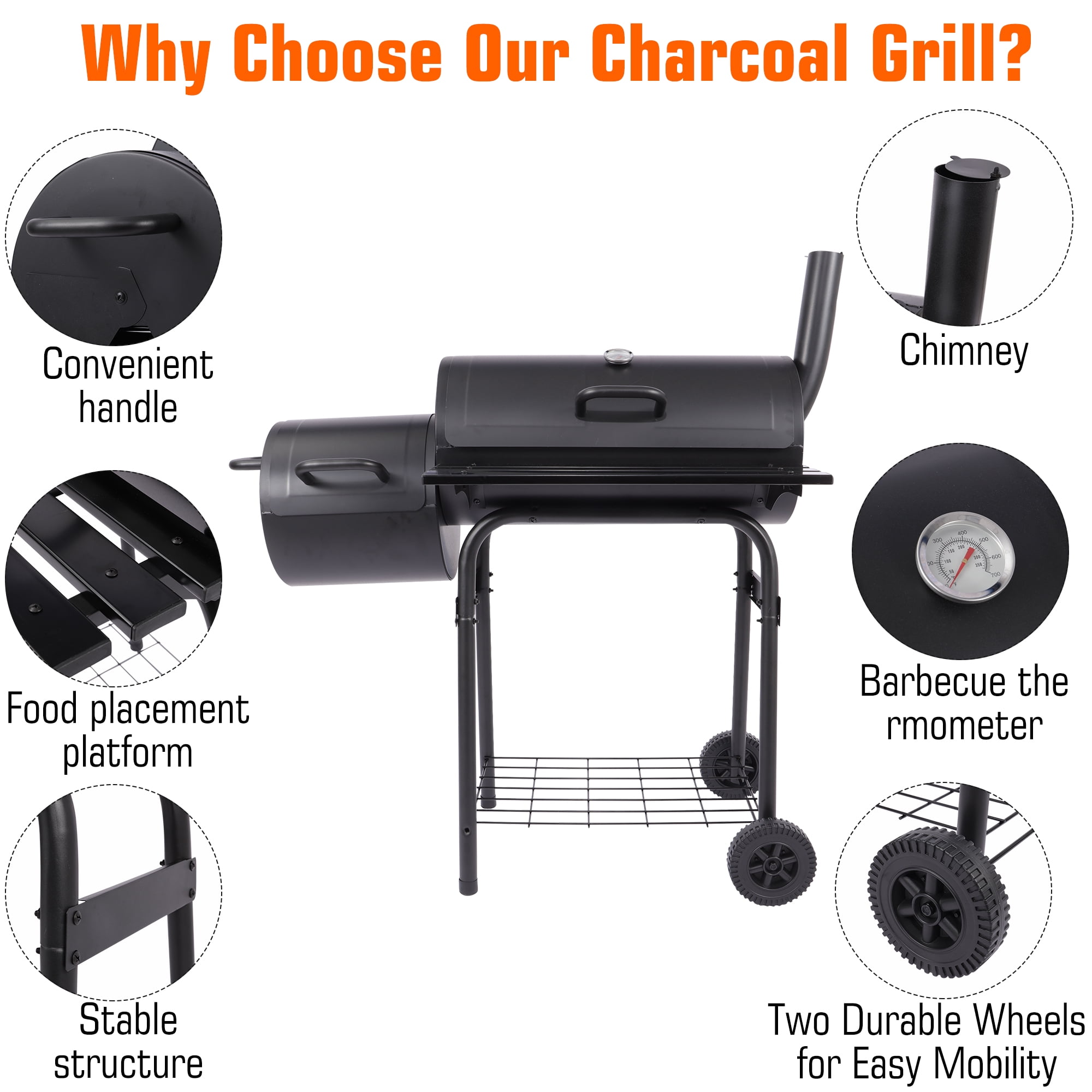 YouLoveIt 26" Charcoal Mini Barrel Grill, Side Shelf