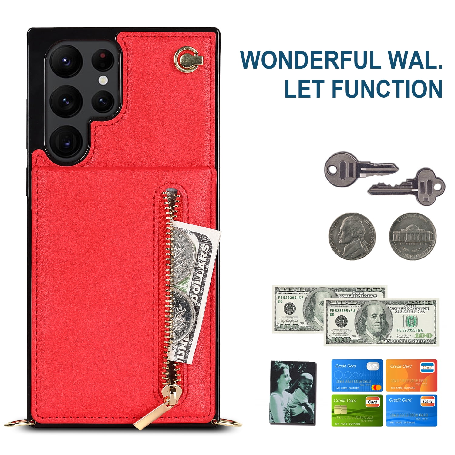 Dteck Flip Leather Wallet Case for Samsung Galaxy S24 Ultra, Crossbody Wallet Case with Credit Card Holder Zipper Pocket Lanyard Shoulder Strap, Kickstand Phone Cover for Samsung S24 Ultra,Red