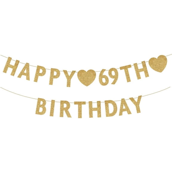 Gold Happy 69th Birthday Banner, Glitter 69 Years Old Woman or Man Party Decorations, Supplies