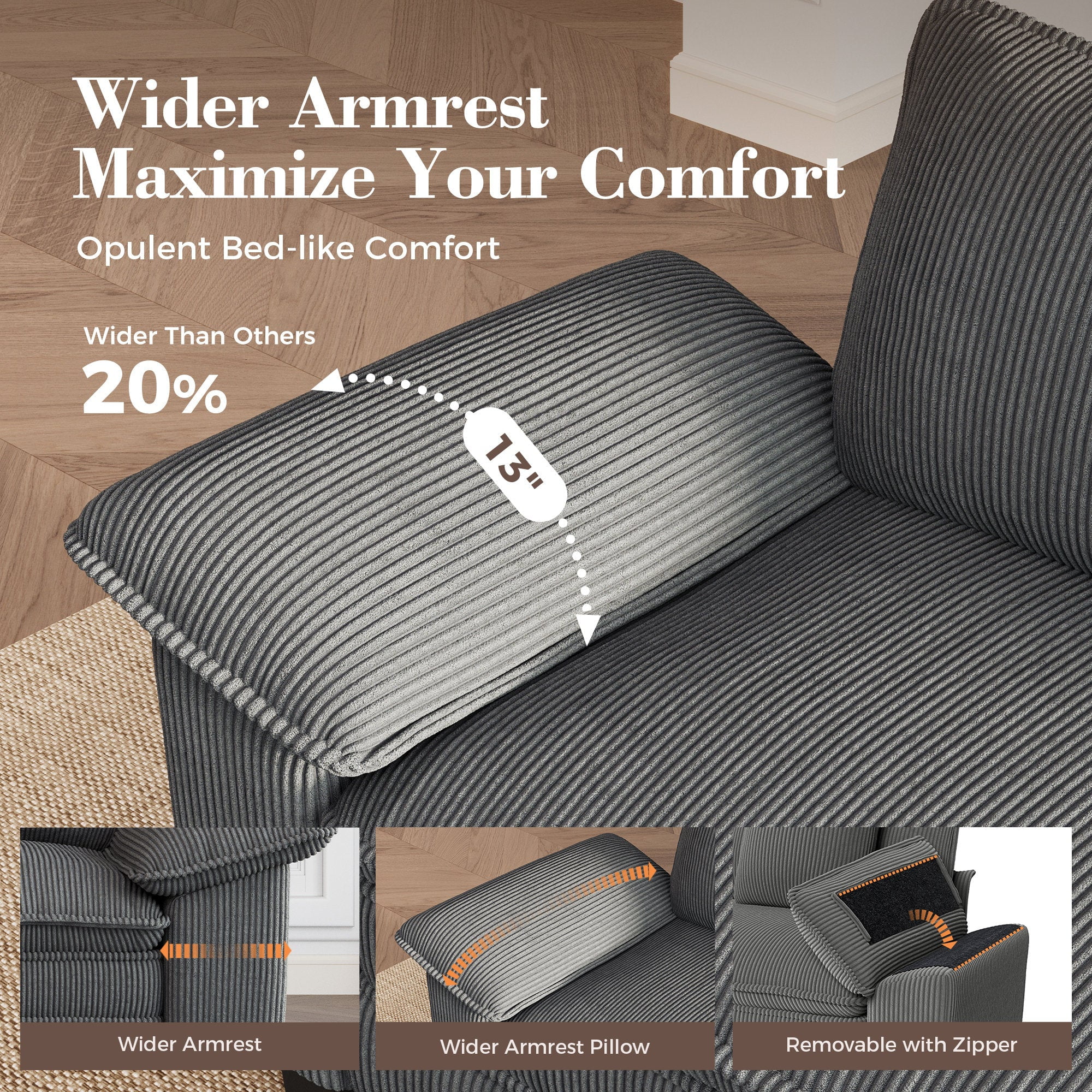MF Studio Modular Cloud Couch Set, 5-Seater Loveseat and Sofa Set with Removable Armrests, Comfy Corduroy Fabric, Gray