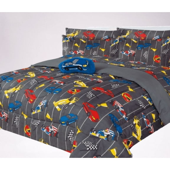 Comforter for kids in TWIN size with matching sheet set and pillow plush toy super soft easy wash girl boy bed décor racing cars grey print design