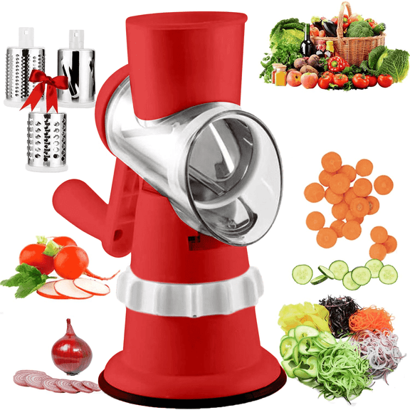 Rotary Cheese Grater, Kitchen Mandoline Vegetable Slicer with 3 Interchangeable Blades, Easy to Clean Grater for Fruit, Vegetables, Nuts