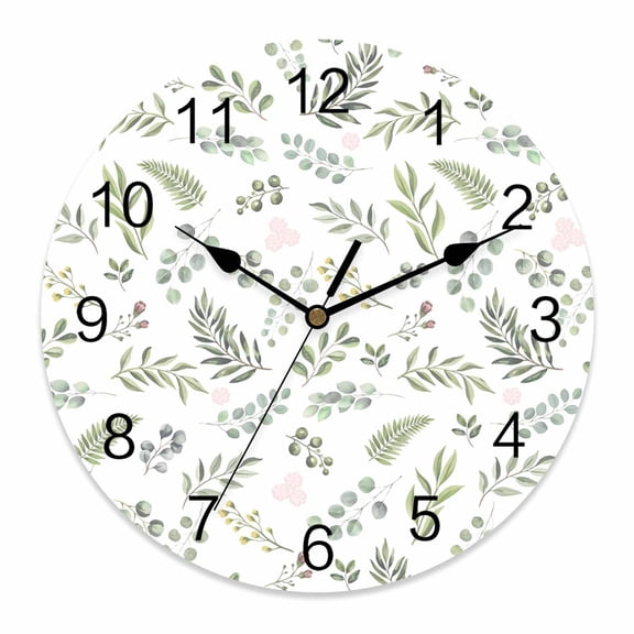 Wall Clock Sage Green Berry Leaves Clocks PVC Silent Non-Ticking Battery Operated Decorative Pastoral Floral Herb Plant Round Clock for Home Living Room Kitchen Bedroom Office Wall Decor 10 Inch