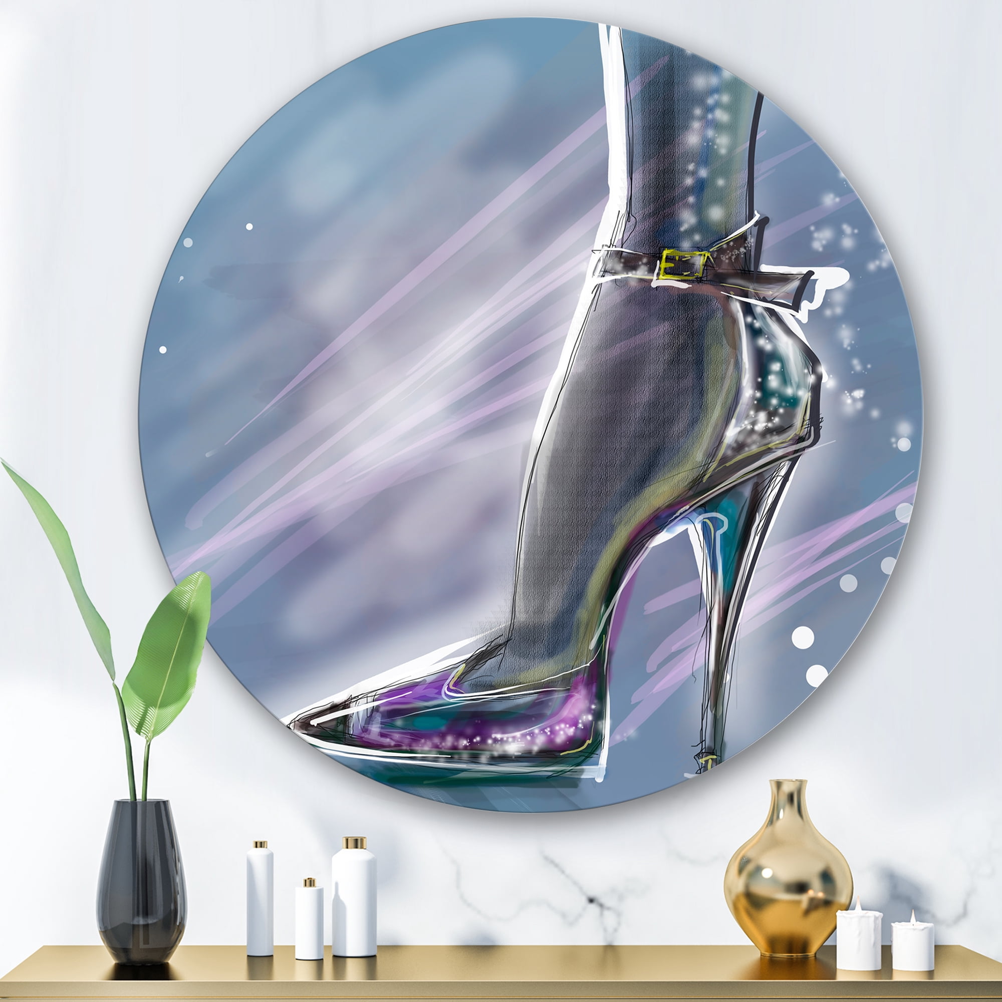 Designart 'Shiny Woman Shoe High Heeled Stiletto With Glitter' Modern Circle Metal Wall Art 36x36 - Disc of 36