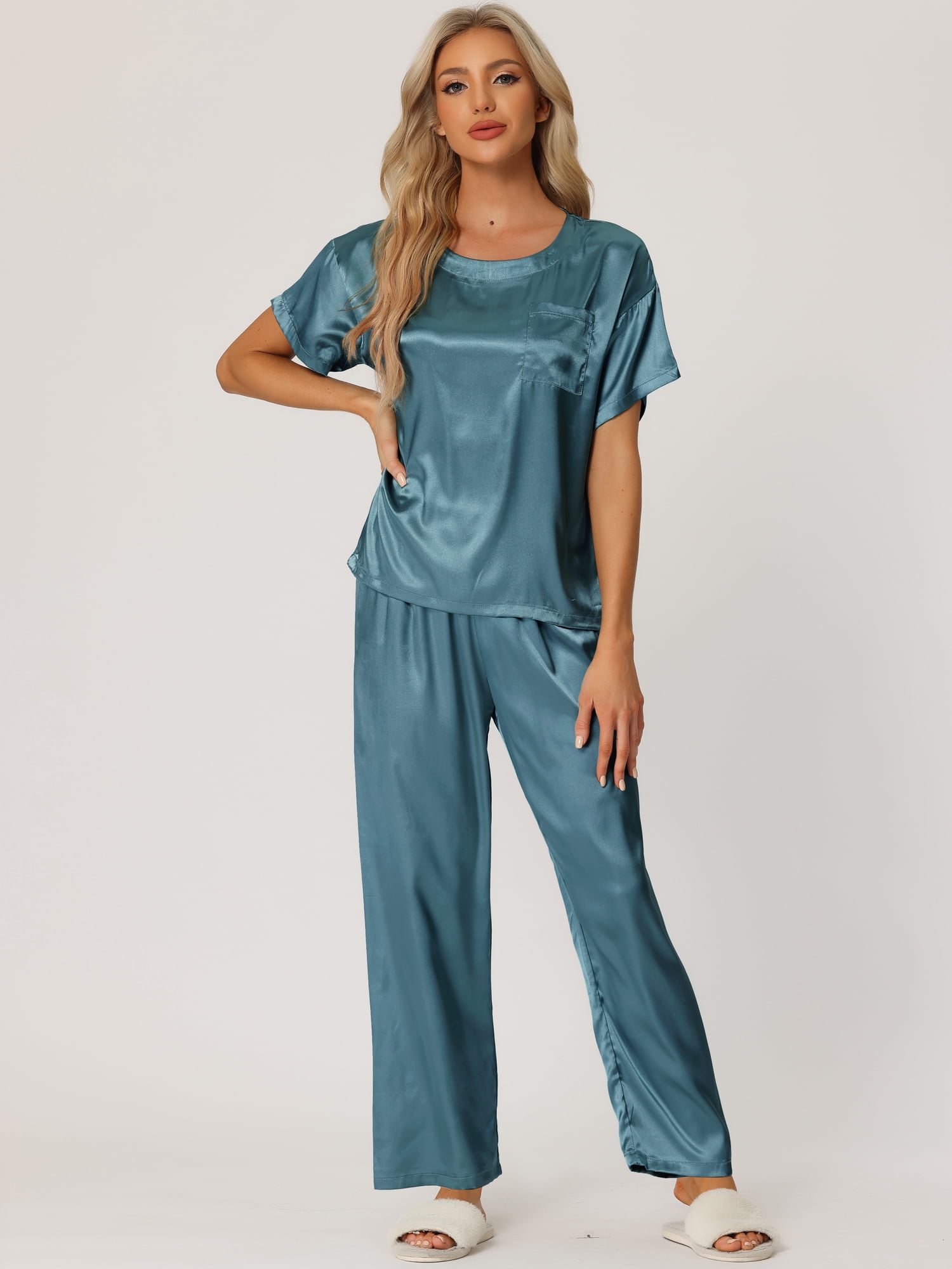 DARING DIVA Women's Satin Pajamas Sleepwear Summer Outfits Short Sleeves Tops S Peacock Blue