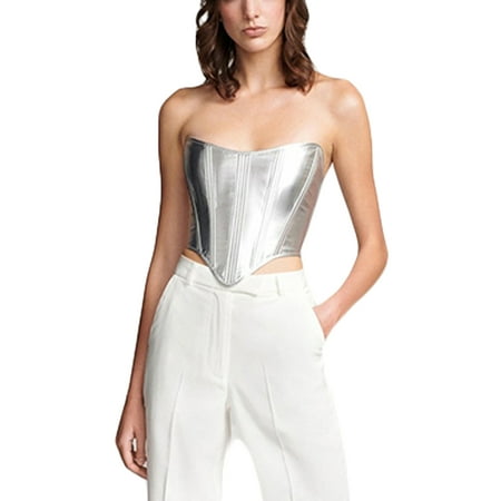 

EYIIYE Womens Corset Tube Tops Shiny Metallic Strapless Cross Tie-up BackIrregular Hem Bustier Club Streetwear