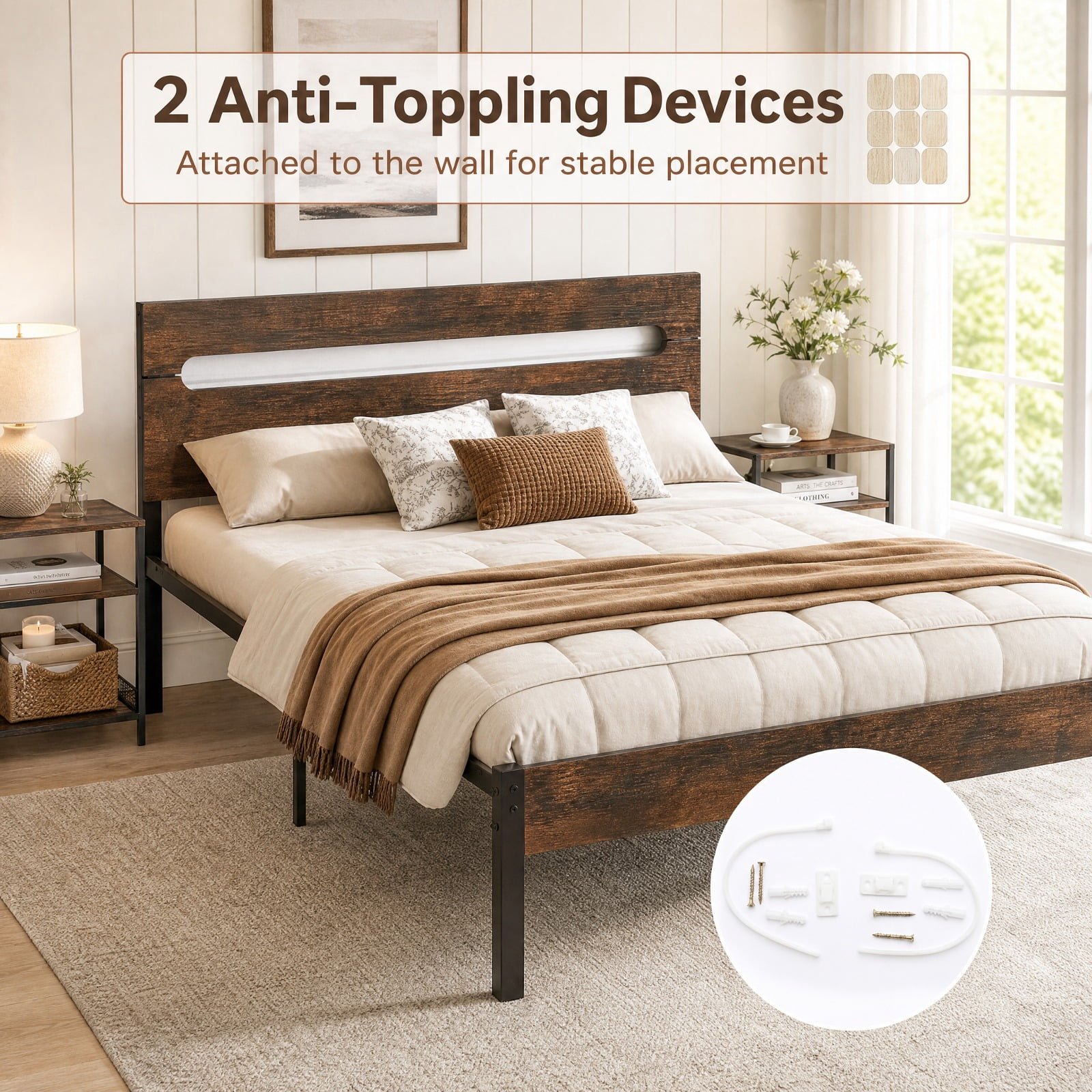 Furnibear 3 Tier Industrial Side Table with 2 AC Outlets USB and Type-C Ports and Metal Frame for Living Room Bedroom Home Office, Rustic Brown