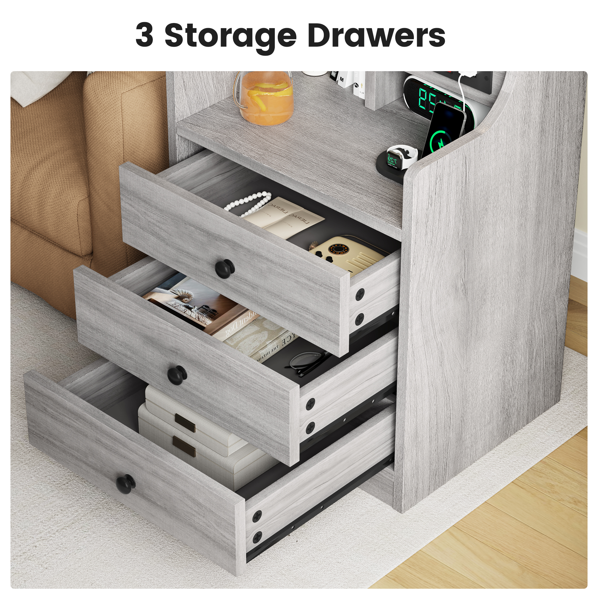 Afuhokles Nightstand with Charging Station, Gray photo 8