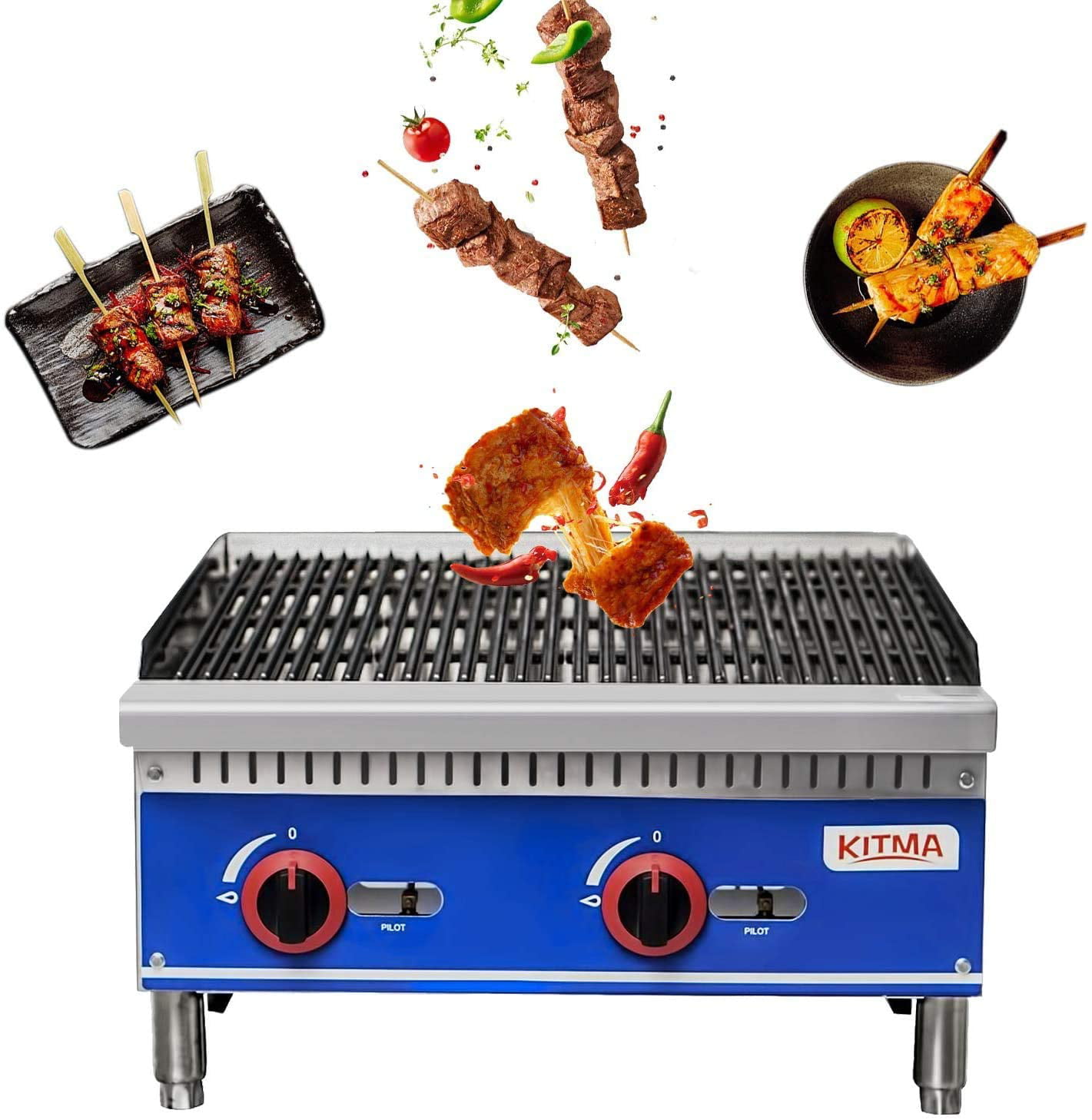 Restaurant Equipment KITMA Commercial Countertop 24 Gas Lava Rock Charbroiler Stainless Steel Flat Top Char Rock Broiler with Grill 
