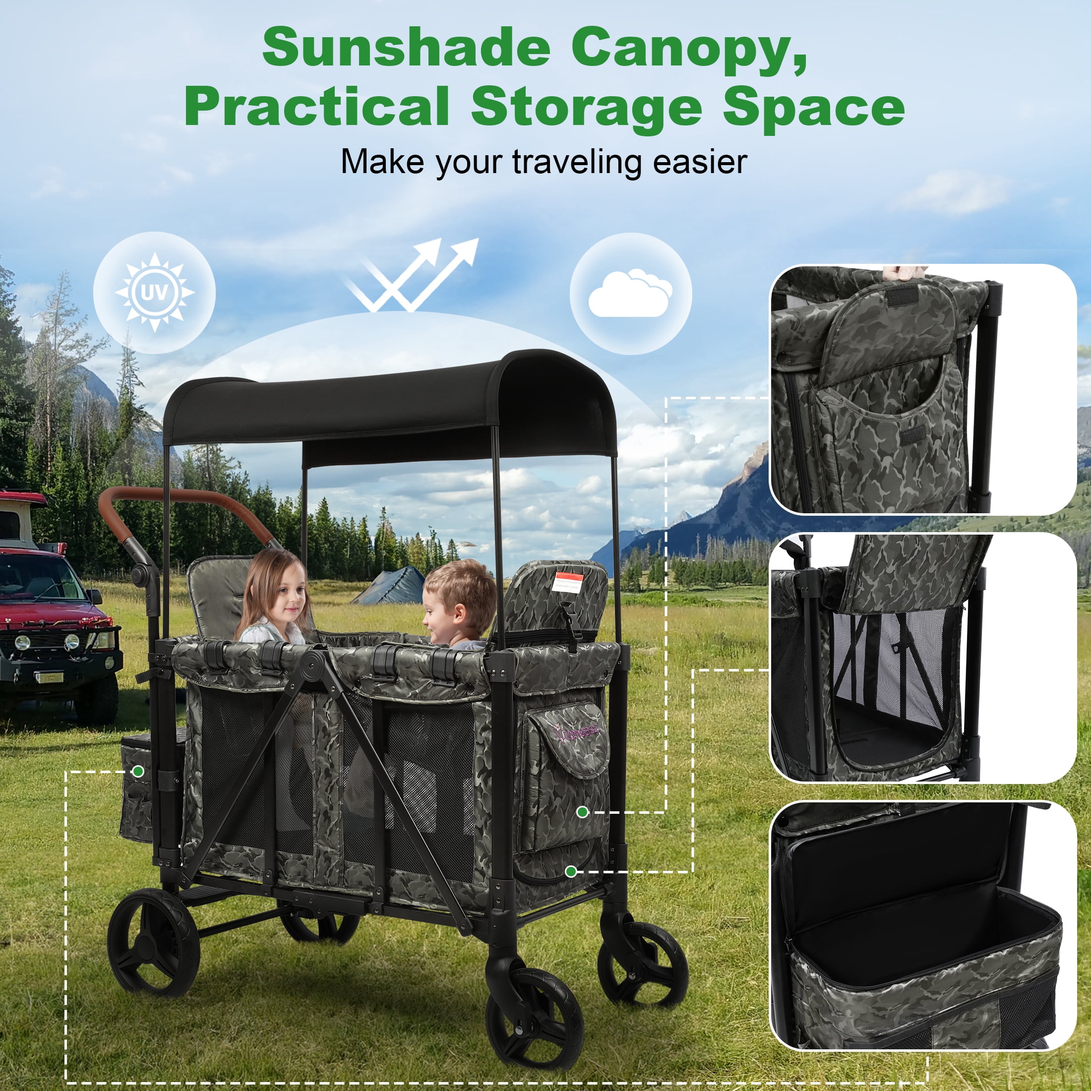 Vomeast Wagon Stroller for 2 Kids, 3-in-1 Stroller Wagon with Canopy, 5-Point Harness, Adjustable Handlebars, Removable Seat for Toddlers, Camo Green